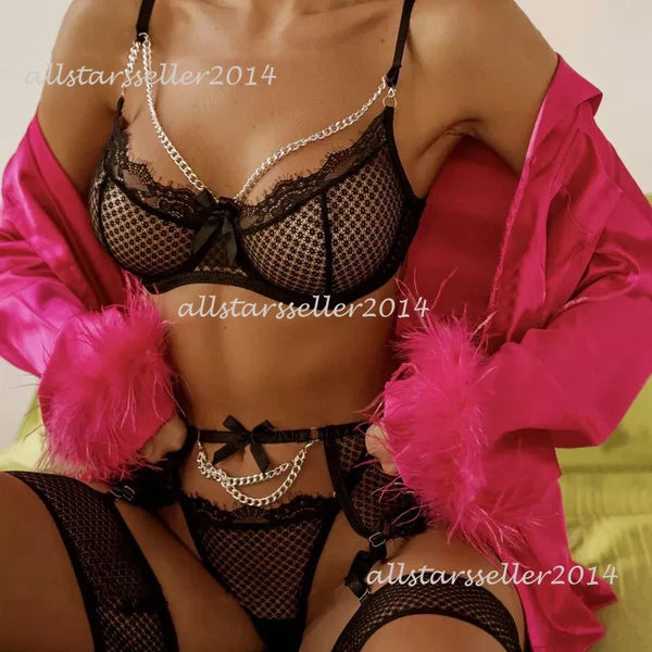 Sexy Women Lace Lingerie Bra G-String Set Fishnet Nightwear Babydoll Sleepwear