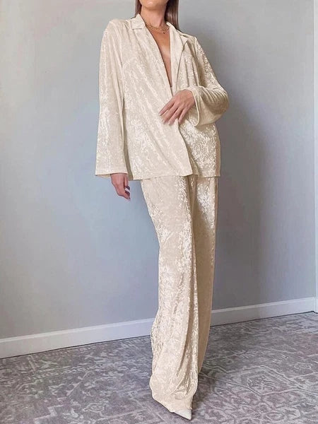 2023 Velvet lapel pajamas long sleeved women's set knitted pants set