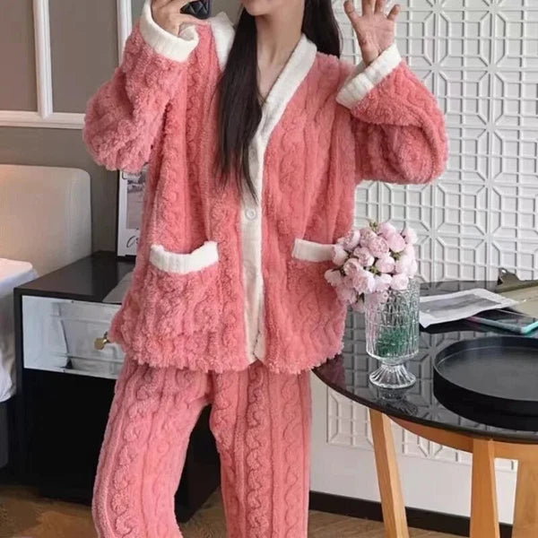 2pcs/Set Autumn and Winter Pajamas Women Thickened Padded Warm Students Coral