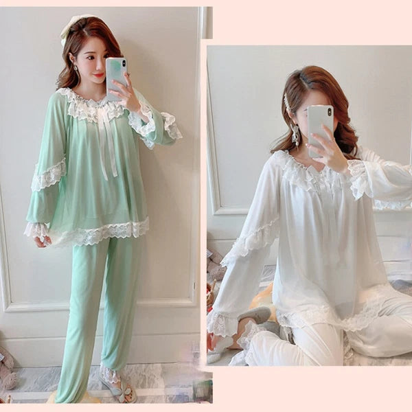 Women Girl Lace Mesh Pajamas Sets Nightie Lolita Ruffle Babydoll Sleepwear Sweet