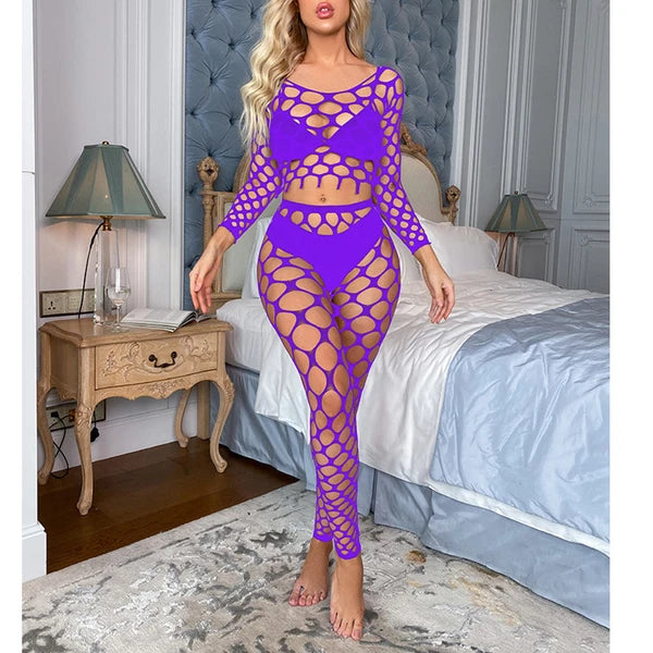 Womens Lingerie Sets Hollow Out See-Through Fishnet Nightwear Crop Top Leggings