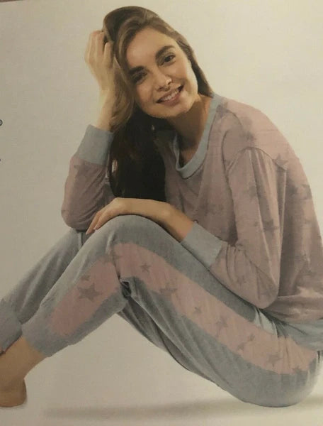 SPLENDID WOMENS 2 PIECES PAJAMAS SET SLEEPWEAR PINK/GREY STARS