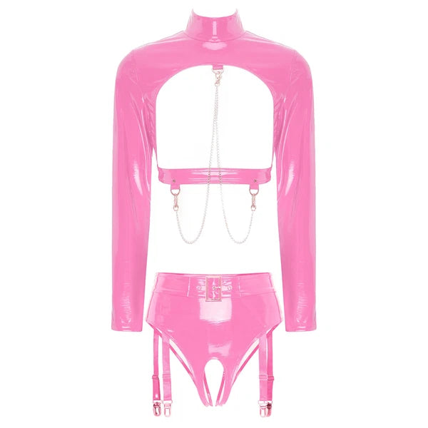 Womens Bar Set Lingerie Romper Underwear Crop Top Sleepwear Patent Leather 2pcs