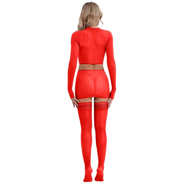 Womens Crop Top And Skirt With Stockings Round Neck Nightwear Tempting Glossy
