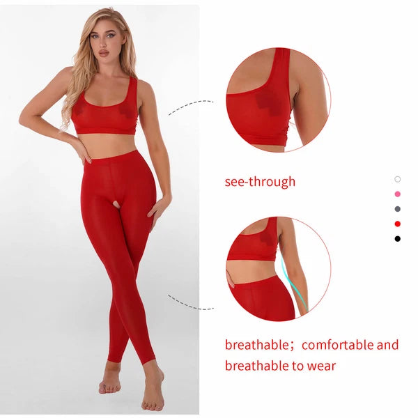 Women 2pcs Lingerie Set Sleeveless Crop Top High Waist Crotchless Leggings Pants