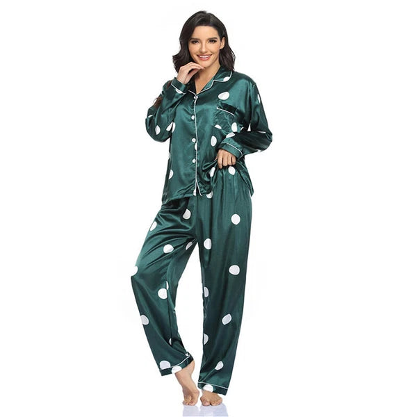 Women Silk Satin Pajamas Set Long Sleeve Button-Down Sleepwear Loungewear Charm