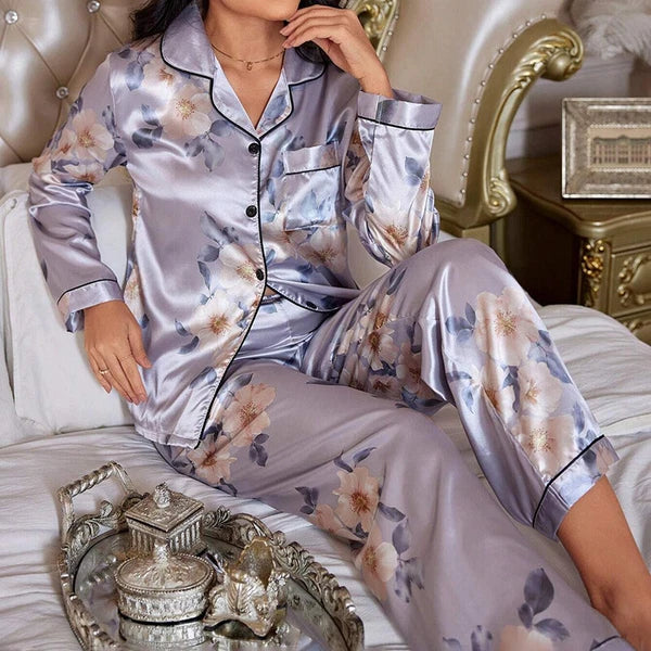 Women Silk Satin Pajamas Set Long Sleeve Button-Down Sleepwear Loungewear Charm