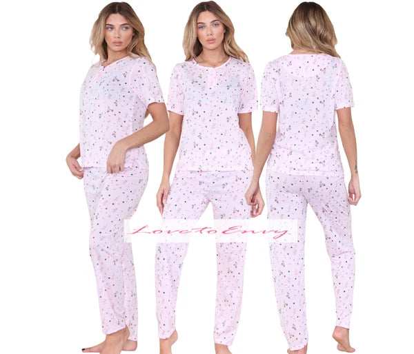 PJ Set Ladies Short Sleeve Flower Print Pyjama Set Cotton Blend Womens Nightwear