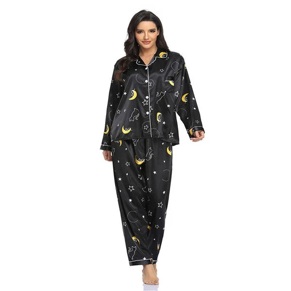 Women Silk Satin Pajamas Set Long Sleeve Button-Down Sleepwear Loungewear Charm