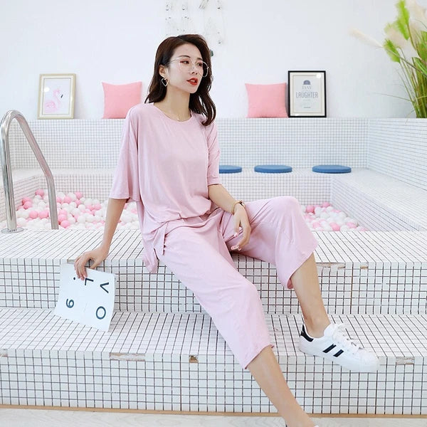 Plus Size XL 150KG Women Modal Pajamas Sets Short Sleeve Top + Calf-Length Pants