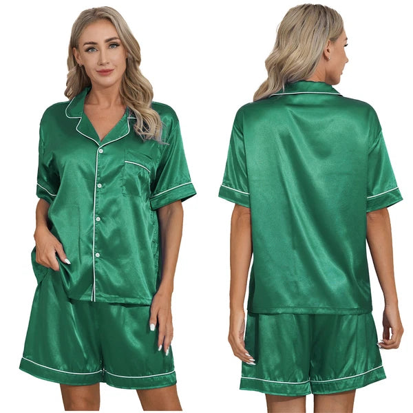 AU Women's Satin Pajamas Short Sleeve Top with Shorts Sleepwear Loungewear Set