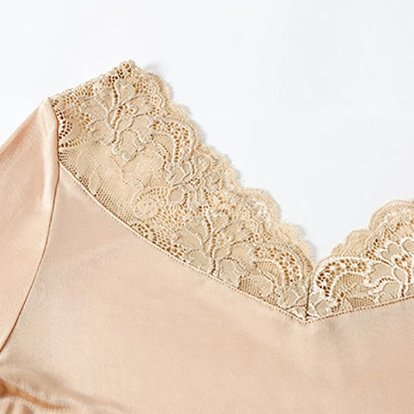 Women Knit Silk Pajama  Long Johns Set Lace V Neck Thermal Nightwear Pajama Set