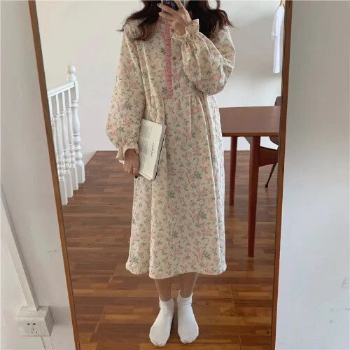 Women Princess Dress Vintage Flower Ruffle Sleepshirts.Girl's Floral Nightgown