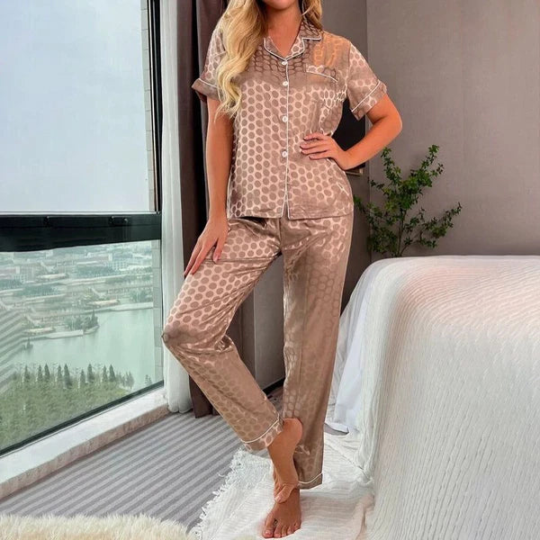 Women's Silk Satin Pajamas Set Short Sleeve Print Sleepwear Nightwear Pyjamas PJ