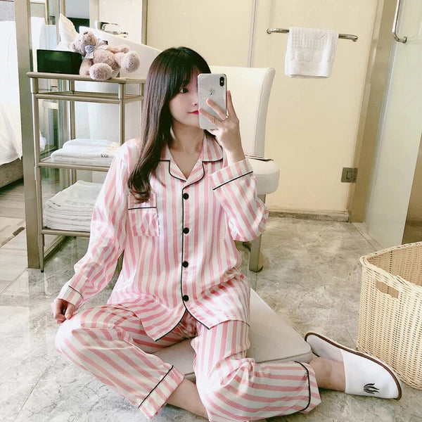 Women Silk Satin Pajamas Set Long Sleeve Button-Down Sleepwear Loungewear Charm