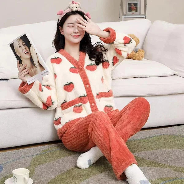 Women Pajamas Loungewear Winter Peach Sleepwear Homewear Two-Piece Set Nightwear