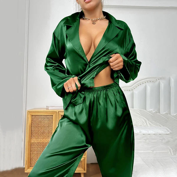 Luxury Women Oversized Silk Satin Sleepwear Sexy Pajamas Set Long Sleeves Pyjama