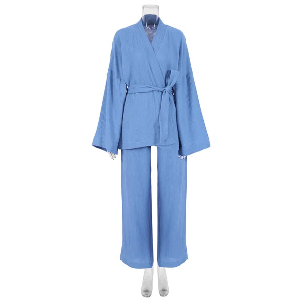 100% cotton women's nightgown pajamas set flared pajamas trousers set 2pcs