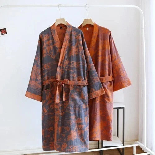 Women's Printed Cotton Loose Fitting Bathrobe Tie Up Sweat Steaming Robes
