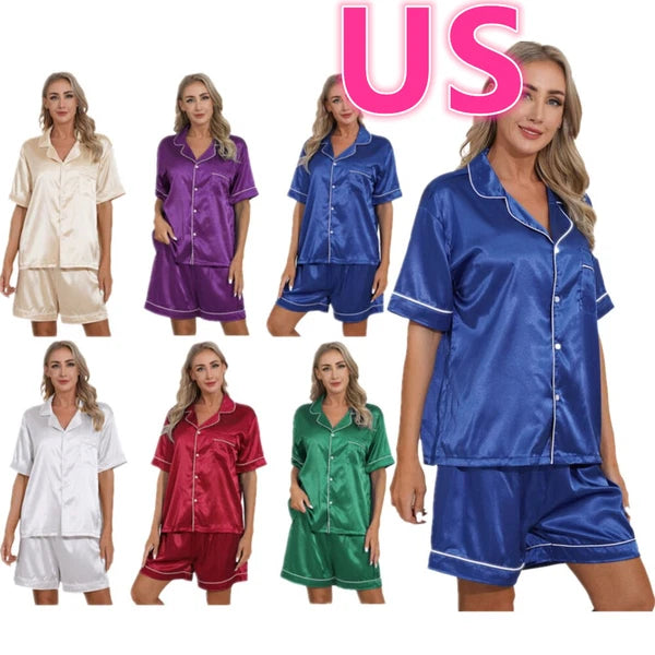 AU Women's Satin Pajamas Short Sleeve Top with Shorts Sleepwear Loungewear Set