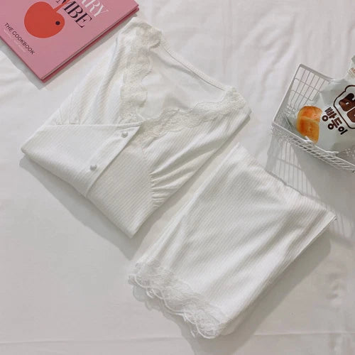 Pajama Sets Solid Lace V-neck Women Sweet Cute Kawaii Casual Long Sleeve  Loose