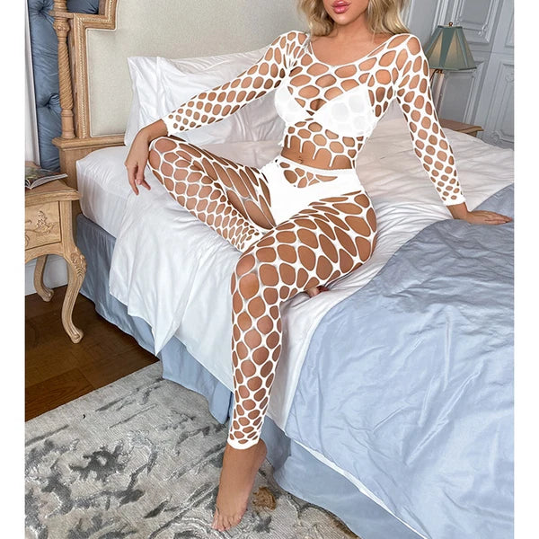 Womens Lingerie Sets Hollow Out See-Through Fishnet Nightwear Crop Top Leggings