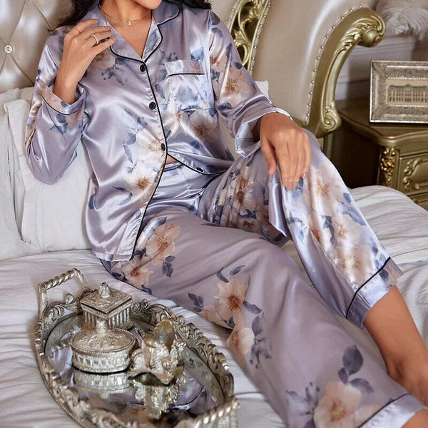 Women Silk Satin Pajamas Set Long Sleeve Button-Down Sleepwear Loungewear Charm