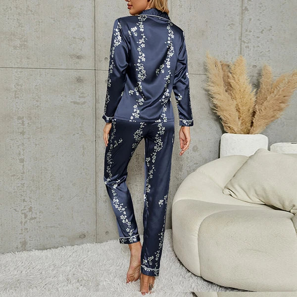 Women Silk Satin Pajamas Set Long Sleeve Button-Down Sleepwear Loungewear Charm